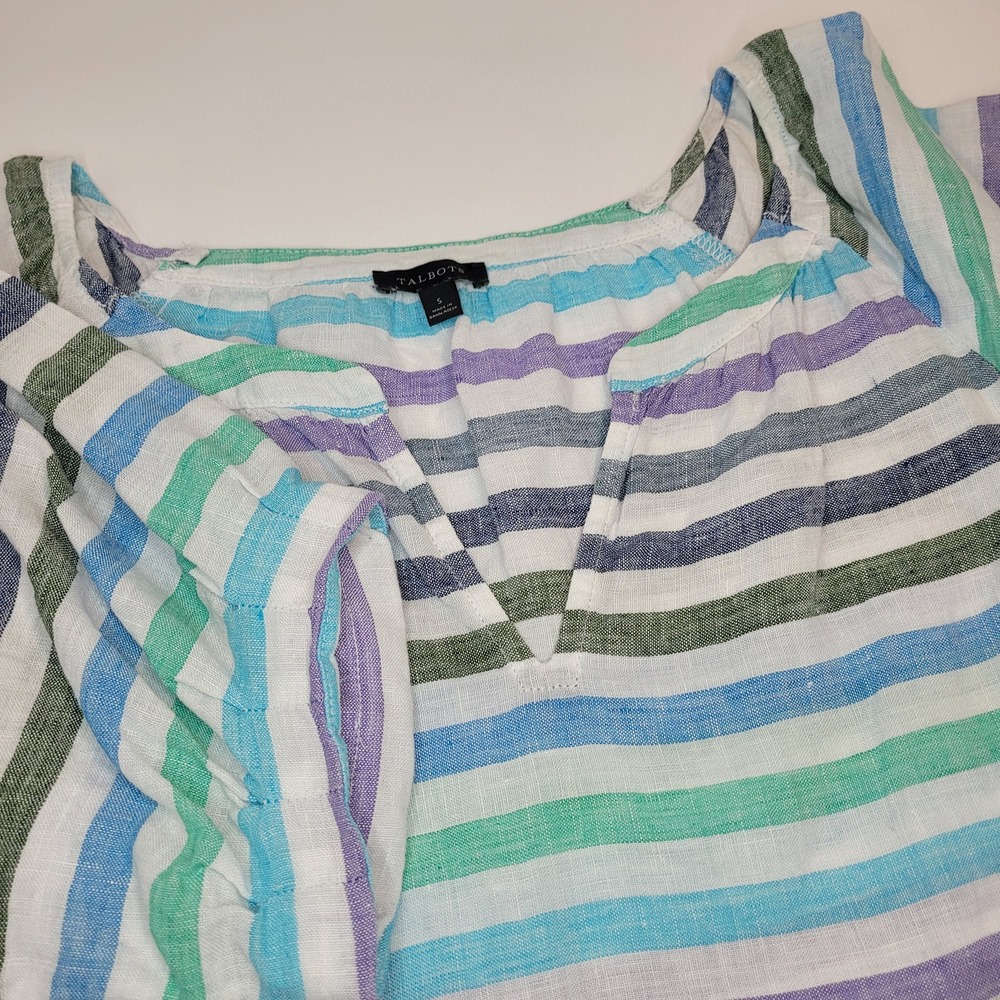 Talbots Linen Blouse Womens Small Multi Color Stripe Excellent Split V-Neck Top